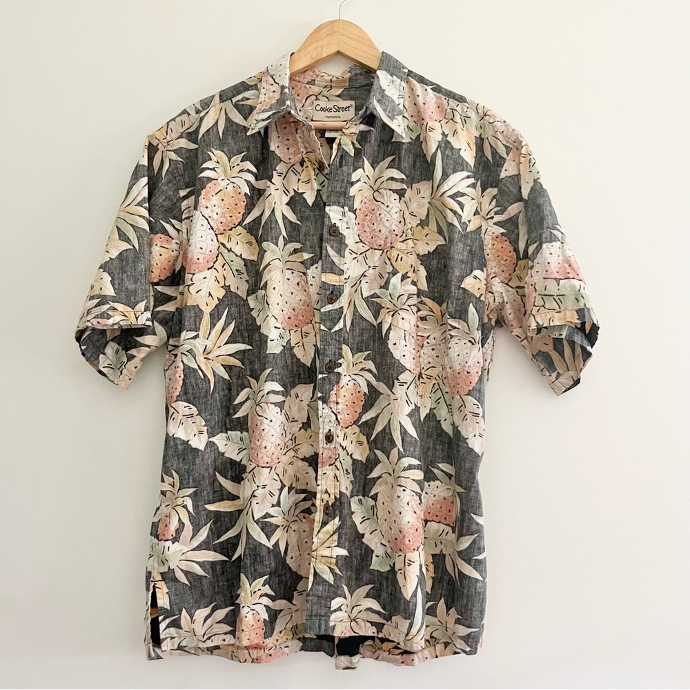 Cooke St Men's Aloha Shirt w Pineapples Button down XL Tropical Print Shirt Gray